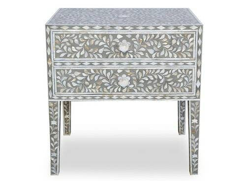 Côté de lit en nacre fait à la main avec incrustation de vadrouille en bois motif floral moderne chevet/table d'appoint/table de nuit avec meubles à 2 tiroirs