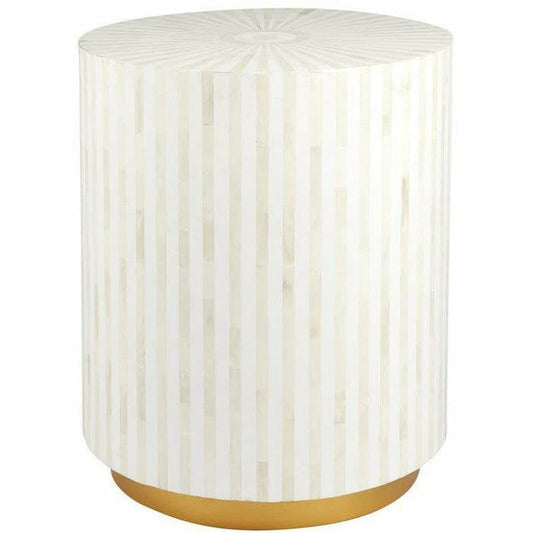 Table d'appoint ronde avec incrustation d'os et rayures blanc cassé, table d'appoint avec incrustation d'os et rayures blanc cassé, tabouret avec incrustation d'os