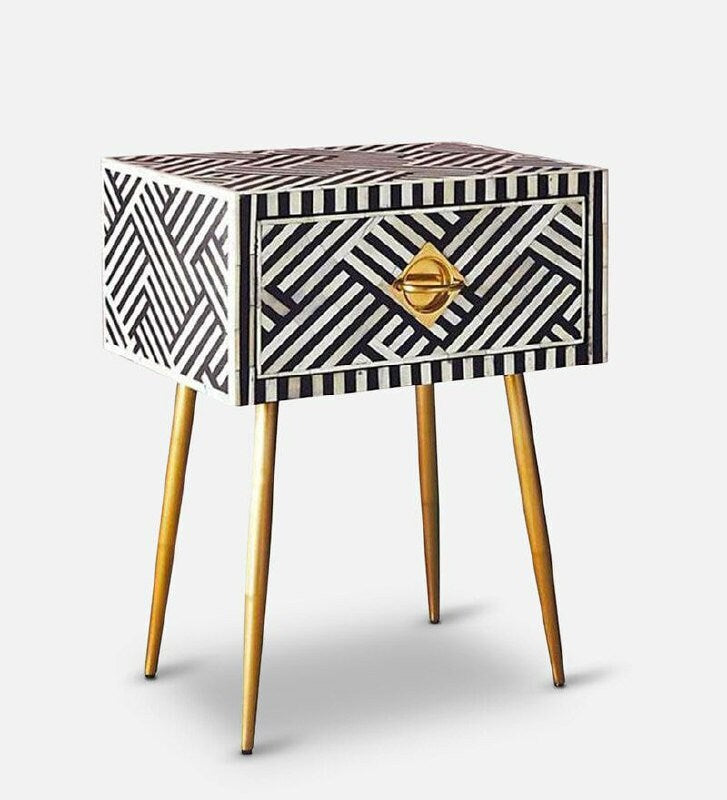 Chevet/table d'appoint/table de nuit en bois à motif moderne avec incrustation d'os fait à la main avec meubles à 1 tiroir