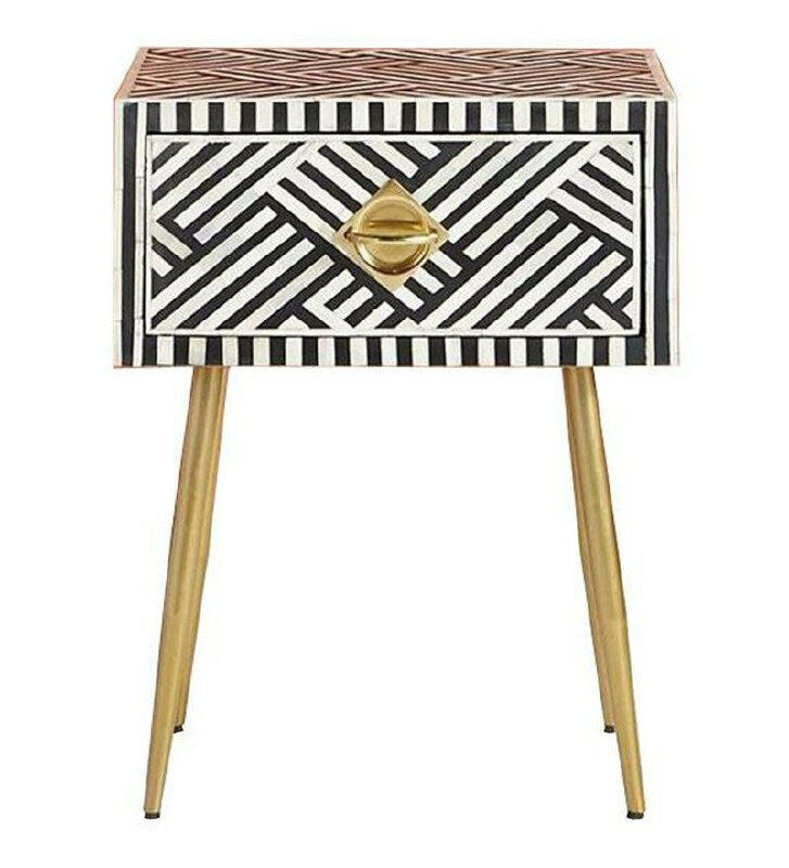 Chevet/table d'appoint/table de nuit en bois à motif moderne avec incrustation d'os fait à la main avec meubles à 1 tiroir