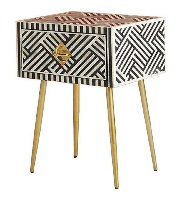 Chevet/table d'appoint/table de nuit en bois à motif moderne avec incrustation d'os fait à la main avec meubles à 1 tiroir