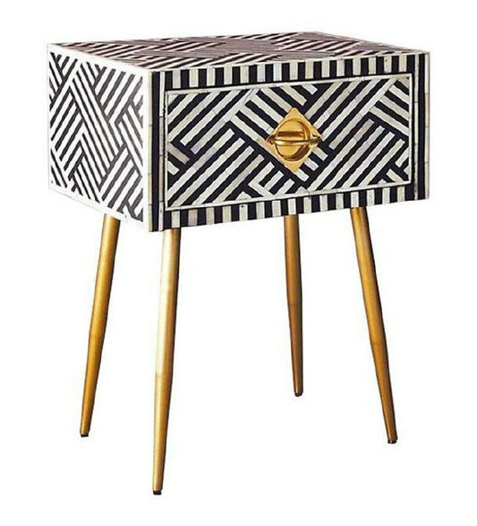 Chevet/table d'appoint/table de nuit en bois à motif moderne avec incrustation d'os fait à la main avec meubles à 1 tiroir