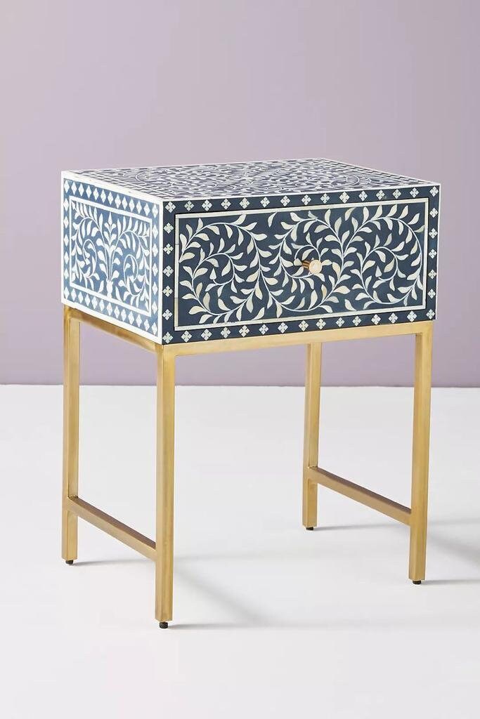 Conception florale de table de chevet d’incrustation d’os avec le support en métal, chevet d’incrustation d’os, table latérale d’incrustation d’os, meubles d’incrustation d’os