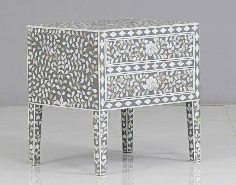 Côté de lit en nacre fait à la main avec incrustation de vadrouille en bois motif floral moderne chevet/table d'appoint/table de nuit avec meubles à 2 tiroirs