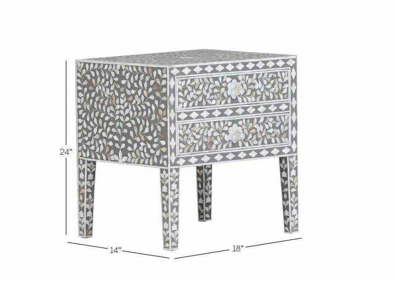 Côté de lit en nacre fait à la main avec incrustation de vadrouille en bois motif floral moderne chevet/table d'appoint/table de nuit avec meubles à 2 tiroirs