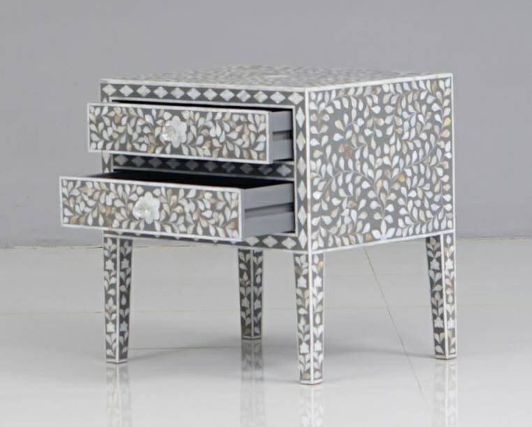Côté de lit en nacre fait à la main avec incrustation de vadrouille en bois motif floral moderne chevet/table d'appoint/table de nuit avec meubles à 2 tiroirs