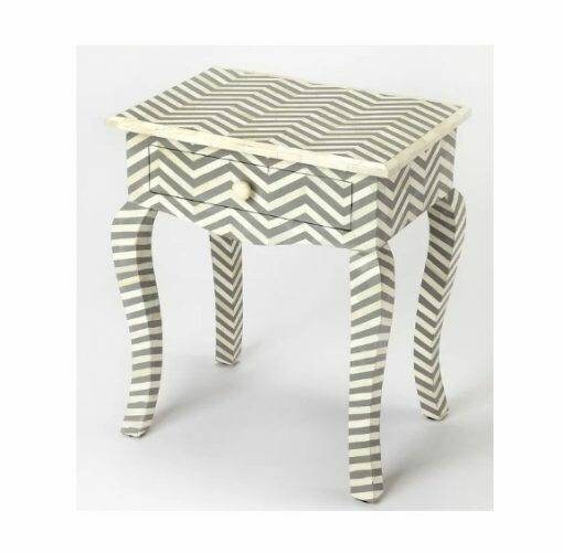 Incrustation d'os faite à la main en bois motif à rayures moderne chevet/table d'appoint/table de nuit avec meubles à 1 tiroir
