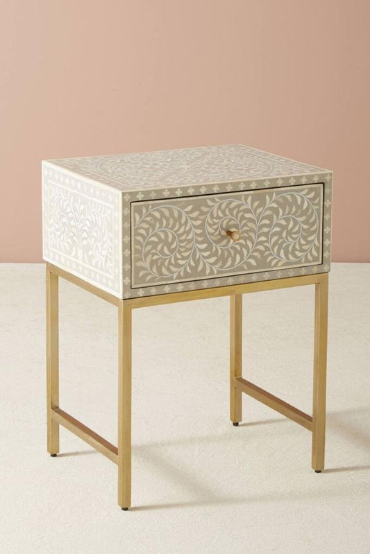 Conception florale de table de chevet d’incrustation d’os avec le support en métal, chevet d’incrustation d’os, table latérale d’incrustation d’os, meubles d’incrustation d’os