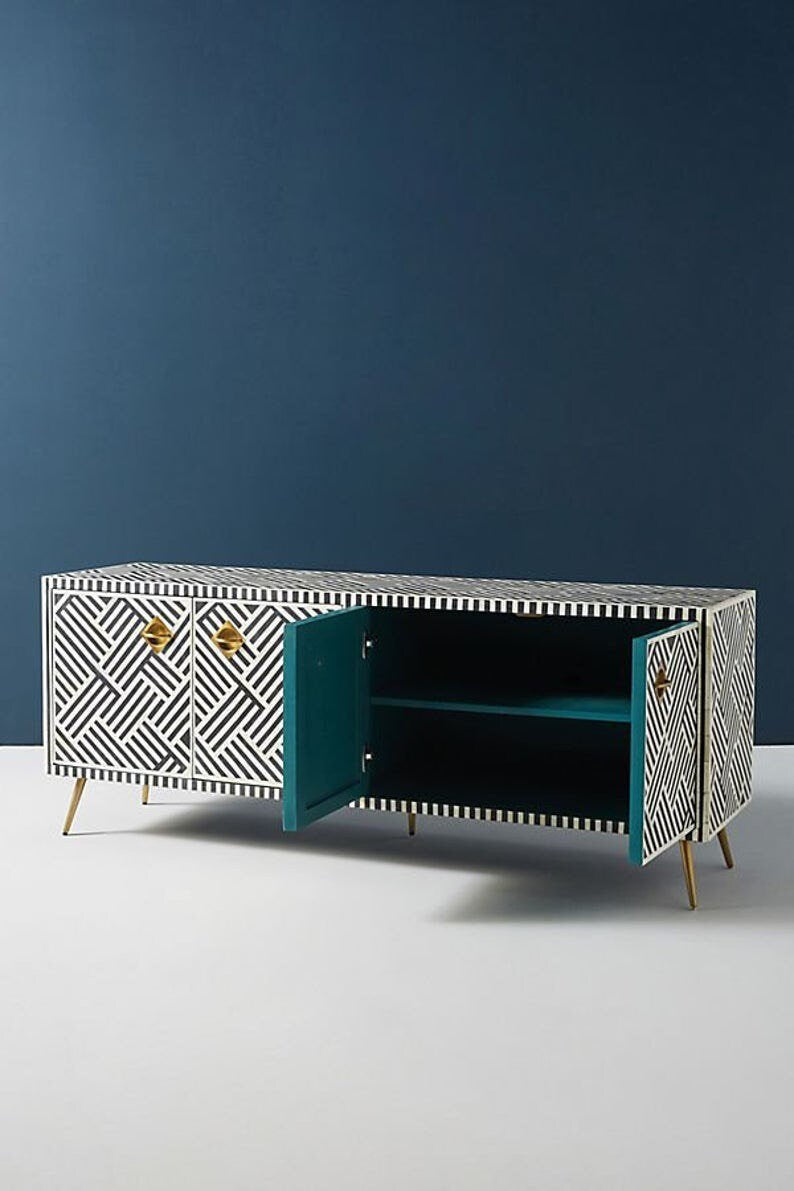 Cabinet multimédia de conception optique d’incrustation d’os en noir, console multimédia de conception optique d’incrustation d’os, unité de stockage d’incrustation d’os