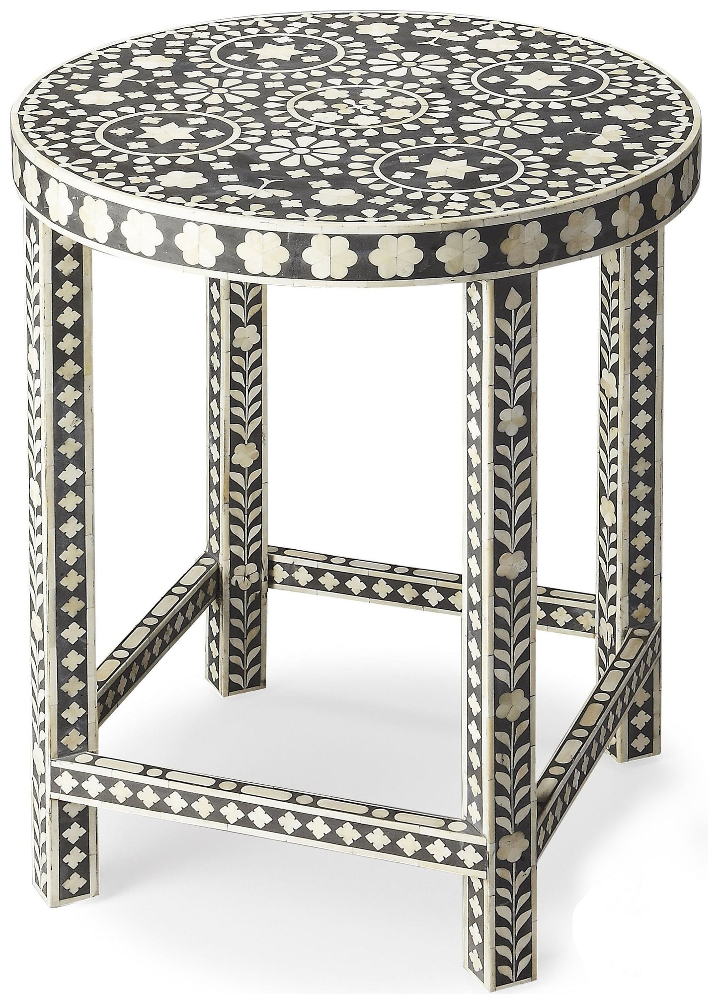 Table d’extrémité d’incrustation d’os faite à la main, table d’appoint, table centrale, table de tambour, tabouret latéral, meubles d’incrustation d’os, meubles anciens d’incrustation d’os en bois