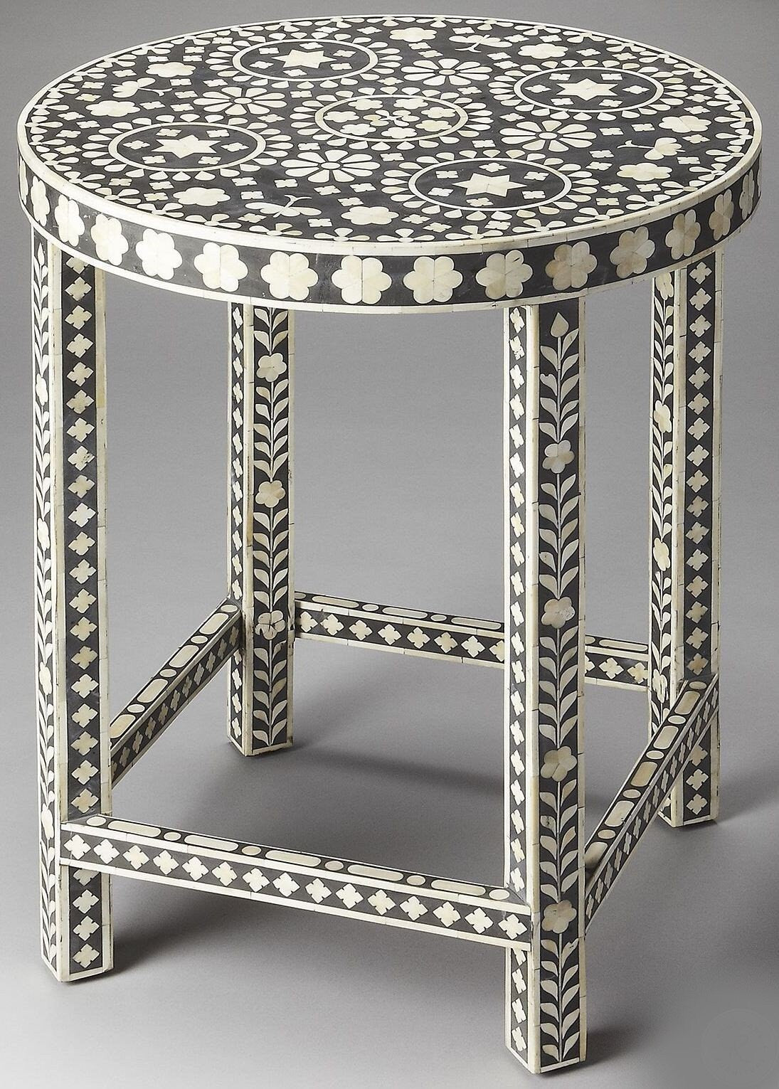 Table d’extrémité d’incrustation d’os faite à la main, table d’appoint, table centrale, table de tambour, tabouret latéral, meubles d’incrustation d’os, meubles anciens d’incrustation d’os en bois