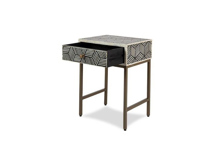 Chevet/table d'appoint/table de nuit en bois à motif moderne avec incrustation d'os fait à la main avec meubles à 1 tiroir