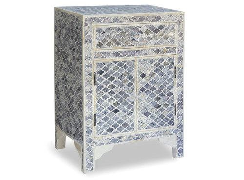 Meubles faits à la main, design géométrique d'incrustation d'os bleu, table de nuit, table de nuit d'incrustation d'os, table d'appoint d'incrustation d'os, incrustation d'os 1 tiroirs 2 portes