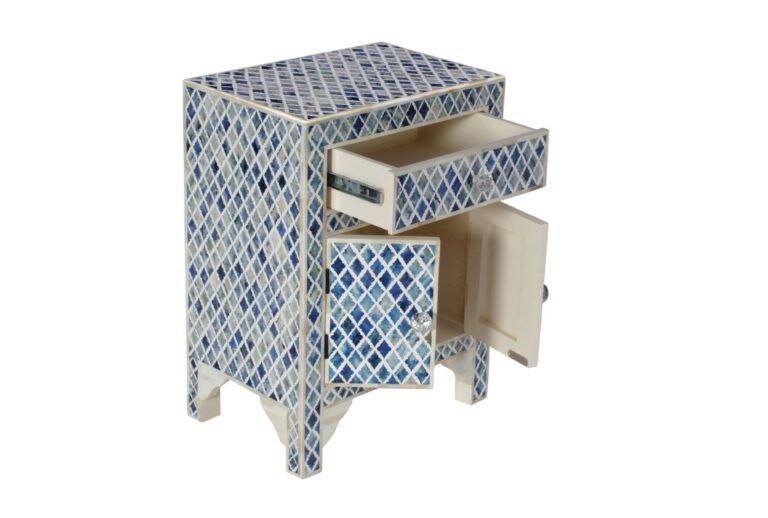 Meubles faits à la main, design géométrique d'incrustation d'os bleu, table de nuit, table de nuit d'incrustation d'os, table d'appoint d'incrustation d'os, incrustation d'os 1 tiroirs 2 portes