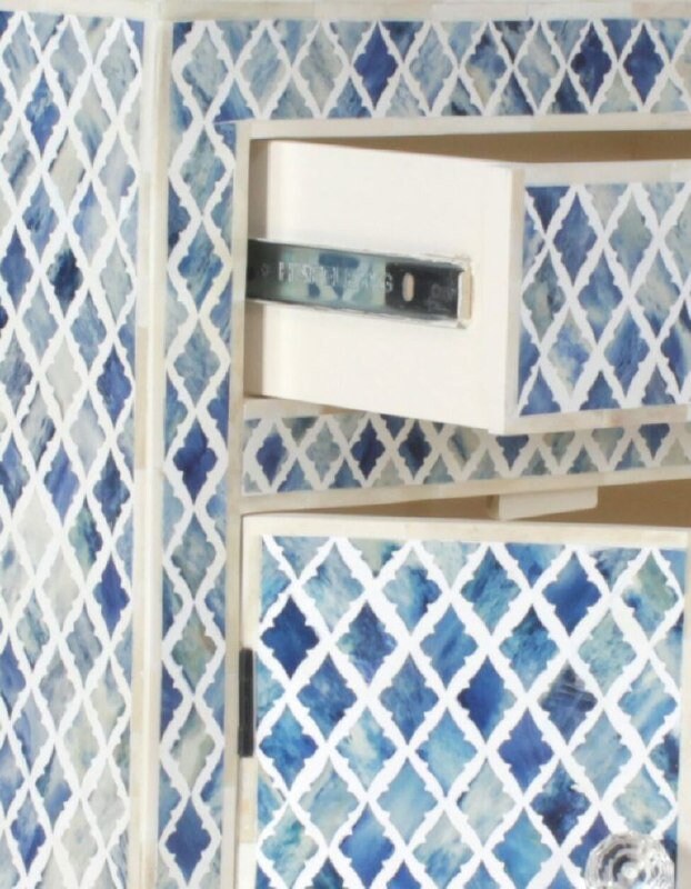 Meubles faits à la main, design géométrique d'incrustation d'os bleu, table de nuit, table de nuit d'incrustation d'os, table d'appoint d'incrustation d'os, incrustation d'os 1 tiroirs 2 portes