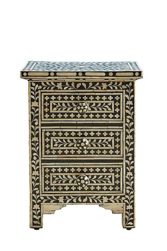 Incrustation d'os faite à la main en bois motif floral moderne chevet/table d'appoint/table de nuit avec 3 tiroirs meubles indiens incrustés de meubles