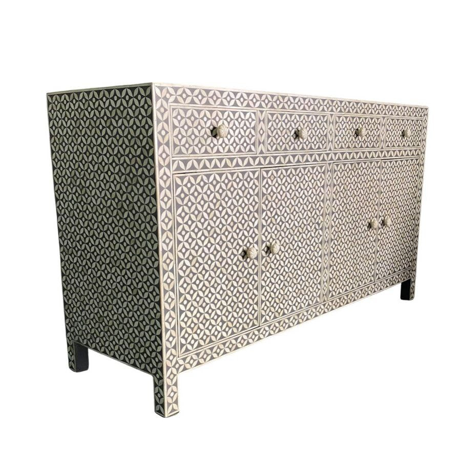 Handgefertigte Anrichte/Kommode aus Holz mit Knocheneinlage, modernes geometrisches Augenmuster, mit 4 Türen und 4 Schubladen