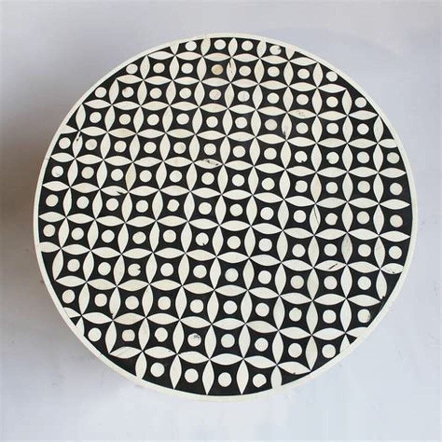 Bone Inlay Beistelltisch, Bone Inlay Drum, Beistelltisch Schwarz, Bone Inlay Beistelltisch Schwarz, Bone Inlay Runder Beistelltisch Schwarz
