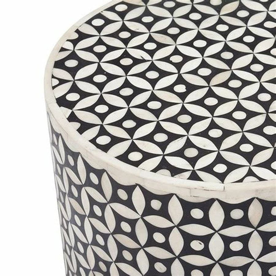Bone Inlay Beistelltisch, Bone Inlay Drum, Beistelltisch Schwarz, Bone Inlay Beistelltisch Schwarz, Bone Inlay Runder Beistelltisch Schwarz