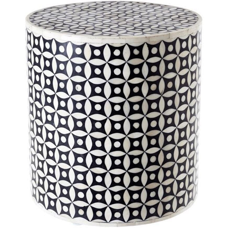 Bone Inlay Beistelltisch, Bone Inlay Drum, Beistelltisch Schwarz, Bone Inlay Beistelltisch Schwarz, Bone Inlay Runder Beistelltisch Schwarz