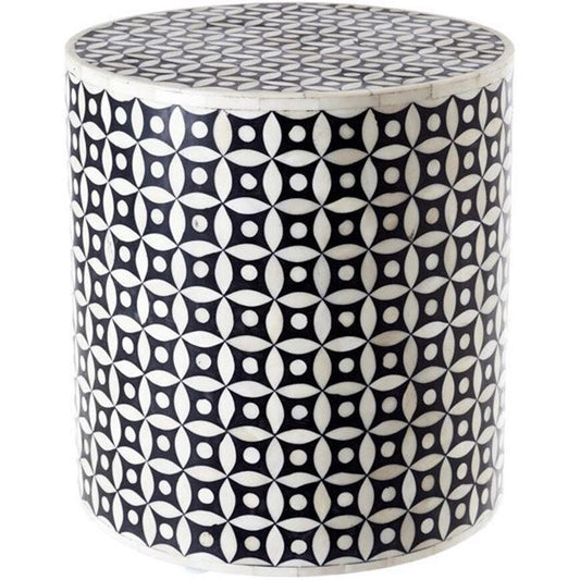 Bone Inlay Beistelltisch, Bone Inlay Drum, Beistelltisch Schwarz, Bone Inlay Beistelltisch Schwarz, Bone Inlay Runder Beistelltisch Schwarz