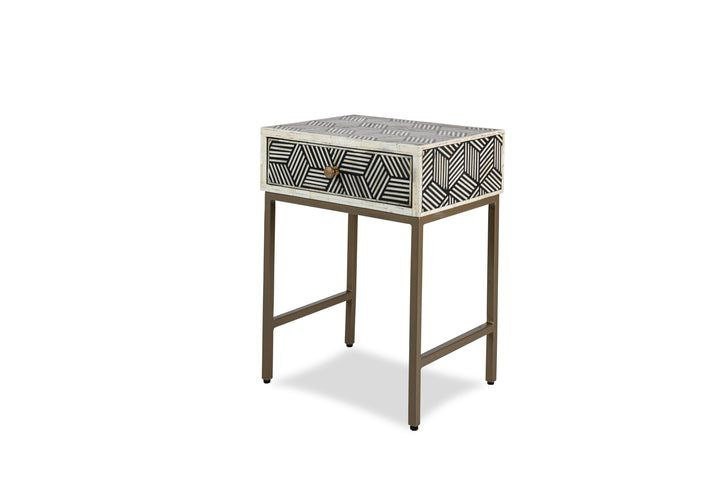 Chevet/table d'appoint/table de nuit en bois à motif moderne avec incrustation d'os fait à la main avec meubles à 1 tiroir