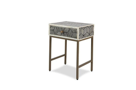 Chevet/table d'appoint/table de nuit en bois à motif moderne avec incrustation d'os fait à la main avec meubles à 1 tiroir