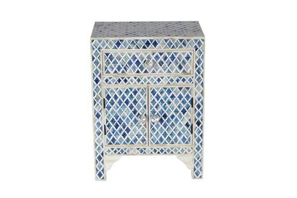 Meubles faits à la main, design géométrique d'incrustation d'os bleu, table de nuit, table de nuit d'incrustation d'os, table d'appoint d'incrustation d'os, incrustation d'os 1 tiroirs 2 portes