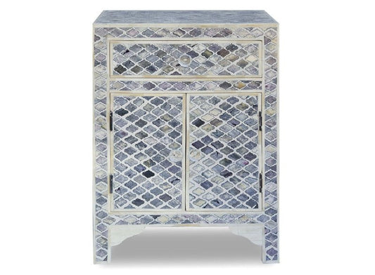 Meubles faits à la main, design géométrique d'incrustation d'os bleu, table de nuit, table de nuit d'incrustation d'os, table d'appoint d'incrustation d'os, incrustation d'os 1 tiroirs 2 portes