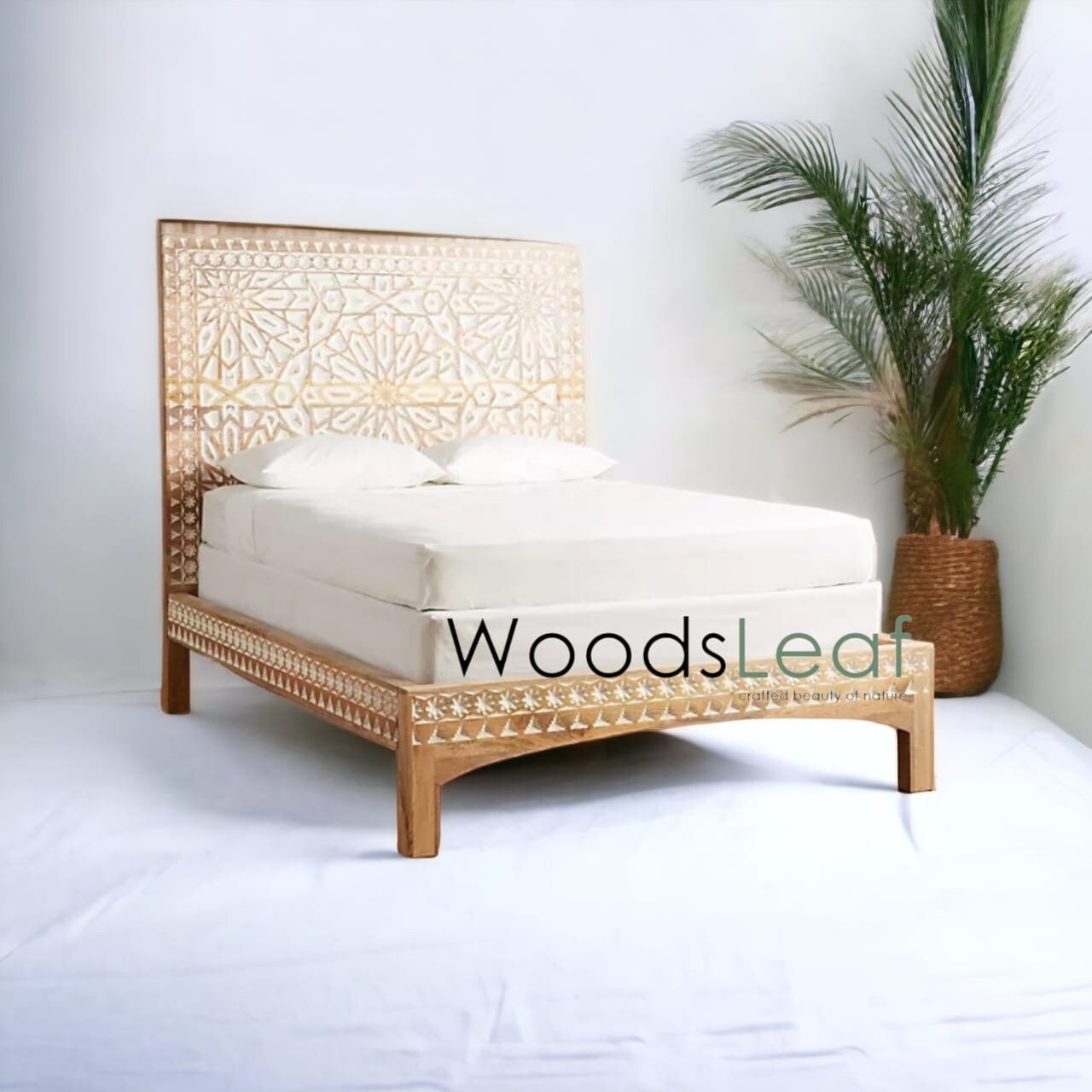 Lit en bois massif sculpté à la main | Lit de sculpture | Tête de lit en bois massif, meubles sculptés | Tête de lit sculptée | Lit de taille personnalisée