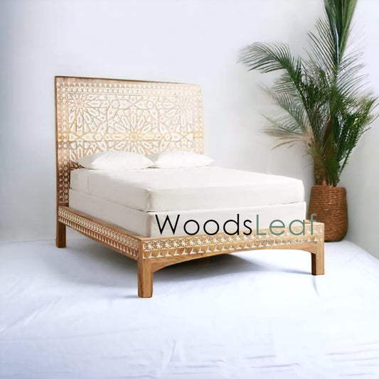 Lit en bois massif sculpté à la main | Lit de sculpture | Tête de lit en bois massif, meubles sculptés | Tête de lit sculptée | Lit de taille personnalisée