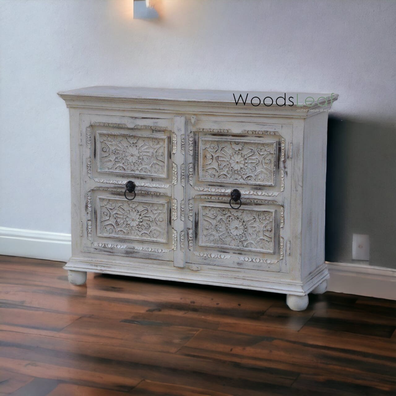 Buffet sculpté de fleurs à la main, unités de rangement d’armoires, bois massif indien, finition en détresse, meubles de chambre à coucher de salon, buffet sculpté