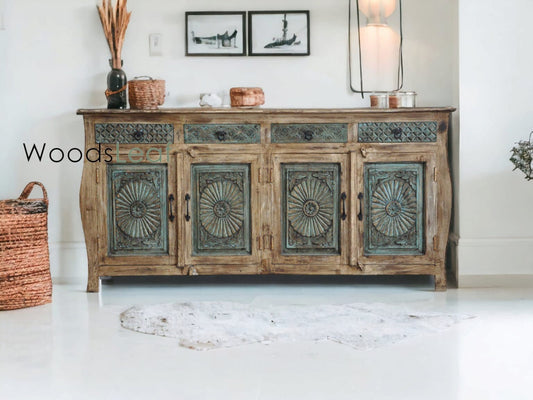 Buffet sculpté à la main, unités de rangement d’armoire, finition en détresse bleue en bois massif indien, meubles de chambre à coucher de salon, buffet sculpté à la main