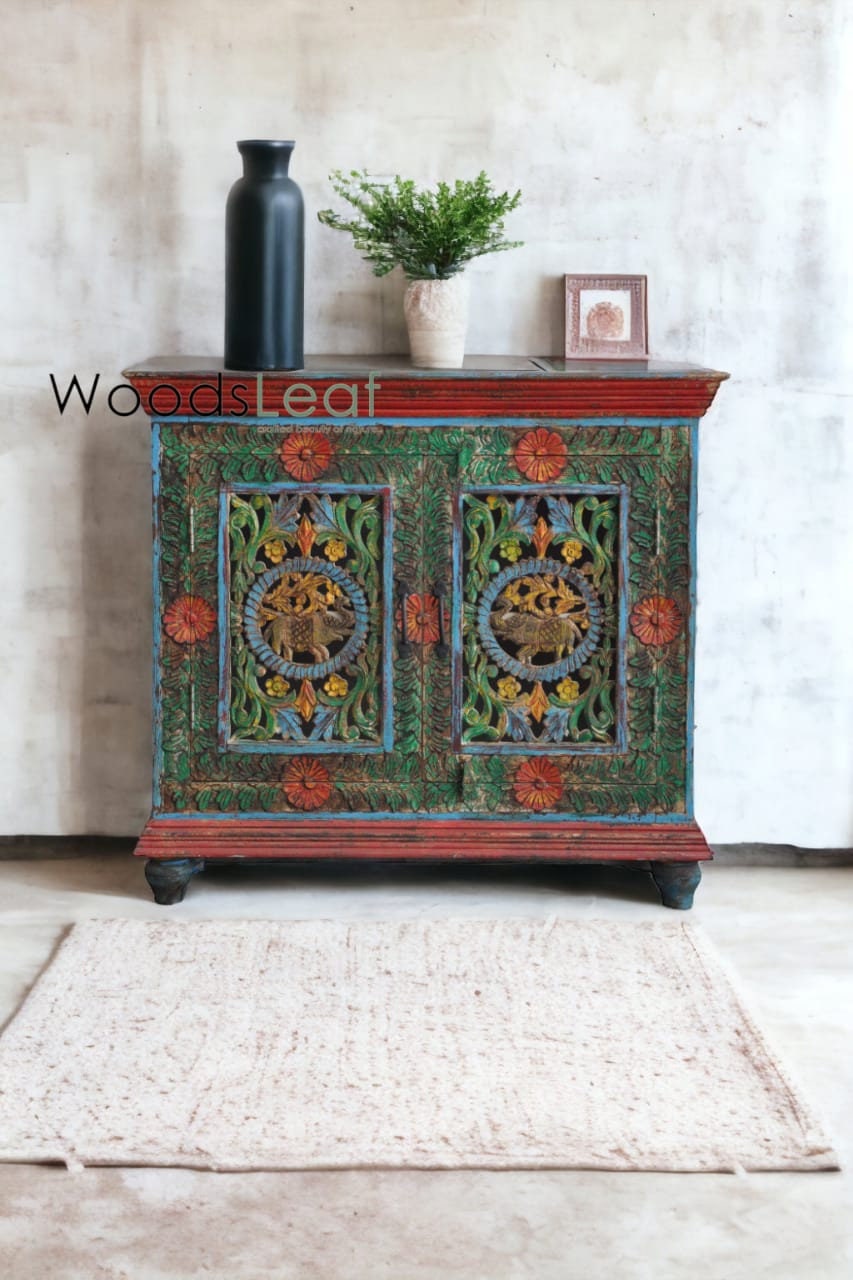 Unités de rangement d’armoire de buffet sculptées à fleurs à la main, bois massif indien, finition en détresse, meubles de chambre à coucher, buffet multicolore