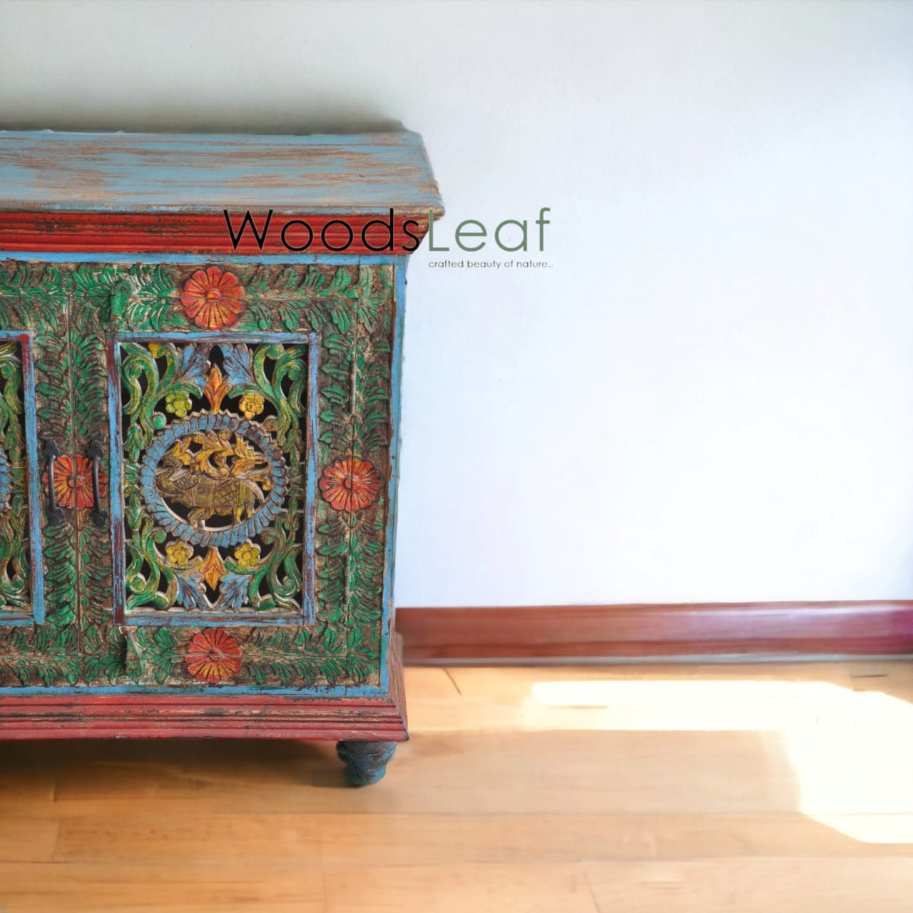 Unités de rangement d’armoire de buffet sculptées à fleurs à la main, bois massif indien, finition en détresse, meubles de chambre à coucher, buffet multicolore