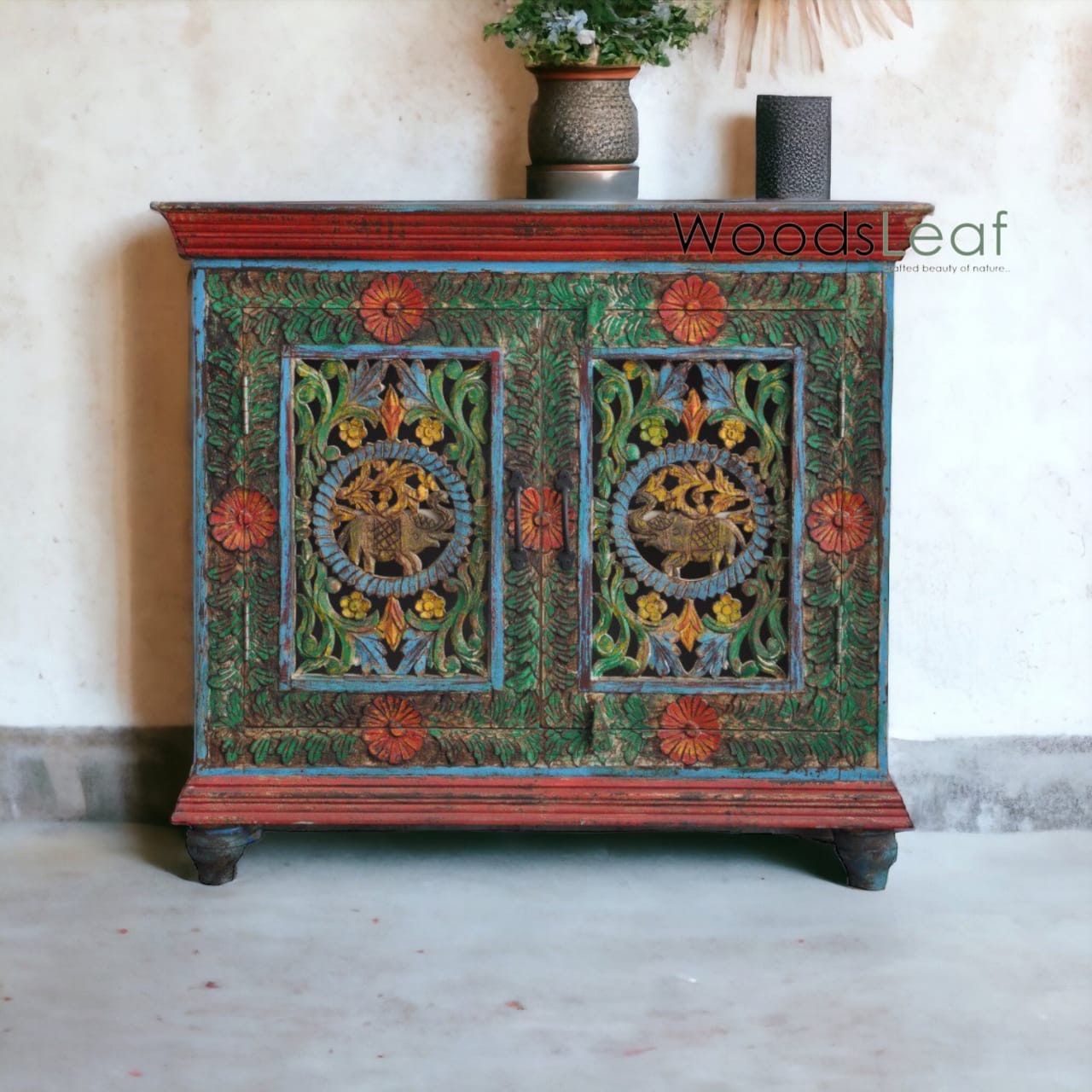 Unités de rangement d’armoire de buffet sculptées à fleurs à la main, bois massif indien, finition en détresse, meubles de chambre à coucher, buffet multicolore