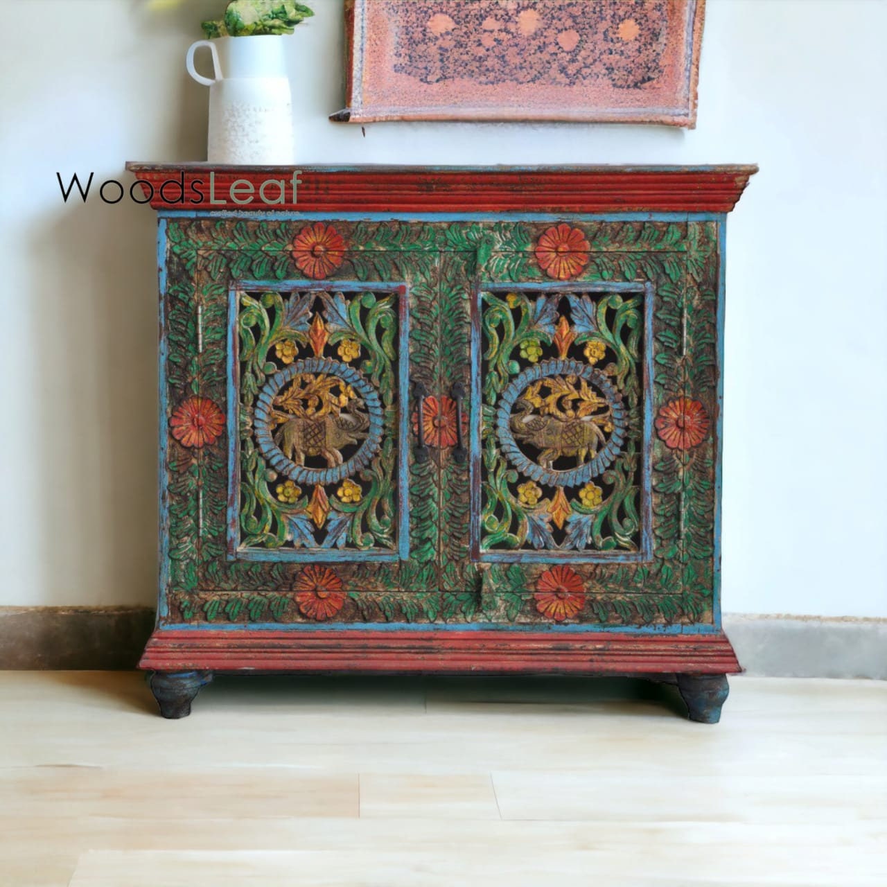 Unités de rangement d’armoire de buffet sculptées à fleurs à la main, bois massif indien, finition en détresse, meubles de chambre à coucher, buffet multicolore