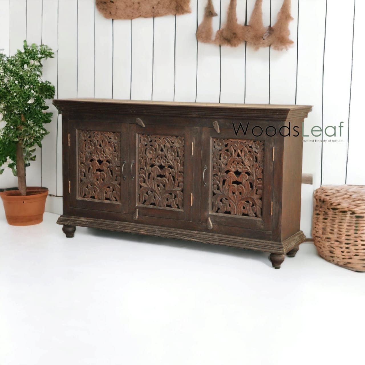 Buffet sculpté à la main, unités de rangement d’armoire, finition en bois massif indien en détresse, meubles de chambre à coucher de salon, buffet sculpté à la main
