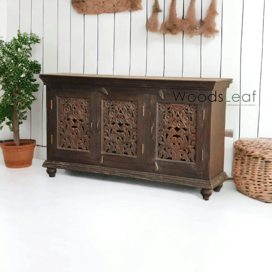 Buffet sculpté à la main, unités de rangement d’armoire, finition en bois massif indien en détresse, meubles de chambre à coucher de salon, buffet sculpté à la main