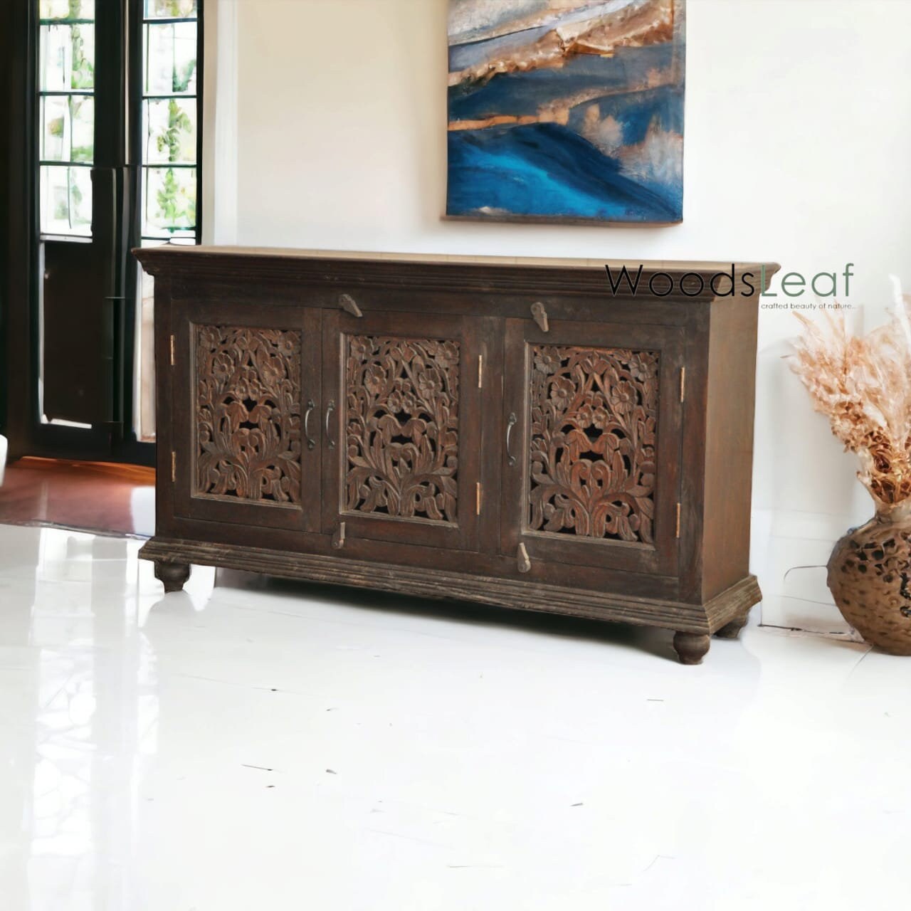 Buffet sculpté à la main, unités de rangement d’armoire, finition en bois massif indien en détresse, meubles de chambre à coucher de salon, buffet sculpté à la main