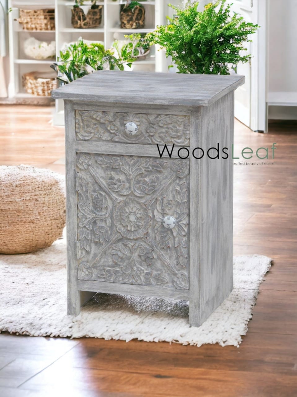 Meubles sculptés antiques Table de chevet en bois Table de nuit Meubles en bois de manguier Design sculpté Table blanche en détresse