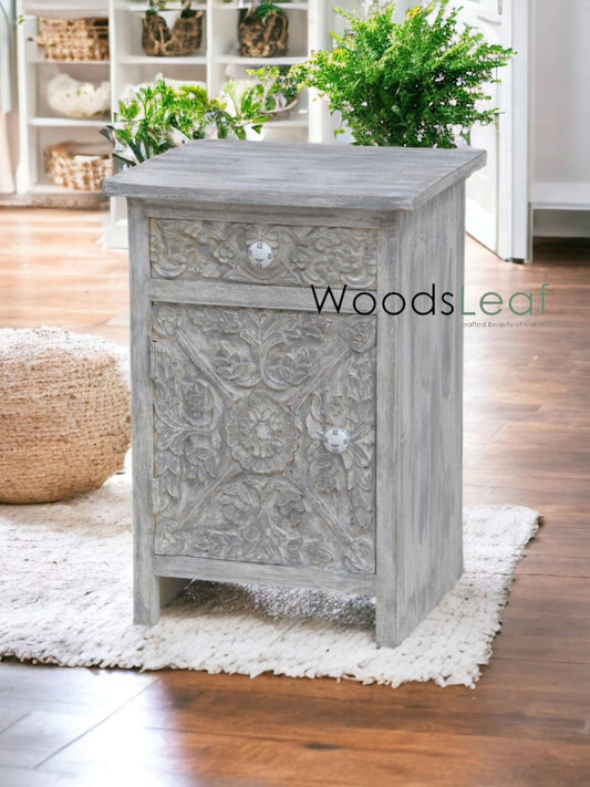 Meubles sculptés antiques Table de chevet en bois Table de nuit Meubles en bois de manguier Design sculpté Table blanche en détresse