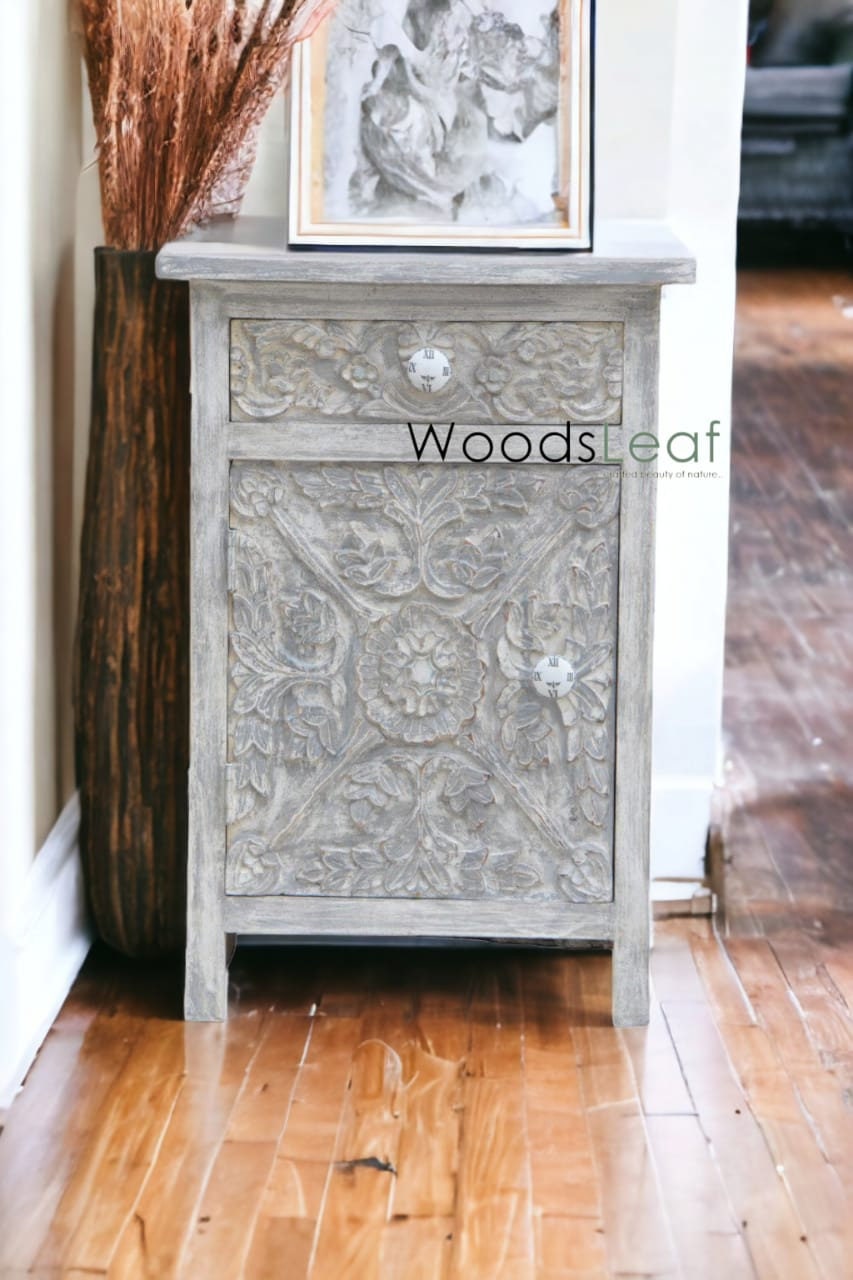 Meubles sculptés antiques Table de chevet en bois Table de nuit Meubles en bois de manguier Design sculpté Table blanche en détresse