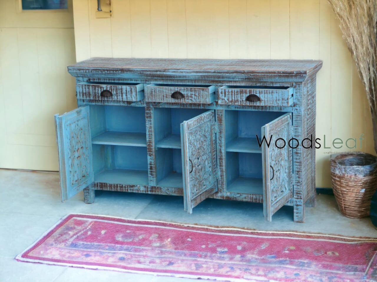 Buffet sculpté à la main, unités de rangement d’armoires, finition en détresse bleue en bois massif indien, meubles de chambre à coucher de salon, buffet sculpté à la main