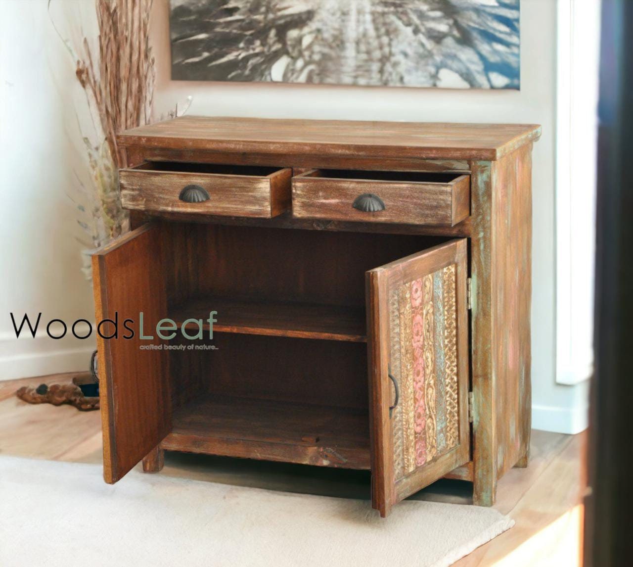 Unités de rangement d’armoire de buffet sculptées à la main, bois massif indien, finition en détresse, meubles de chambre à coucher, buffet multicolore