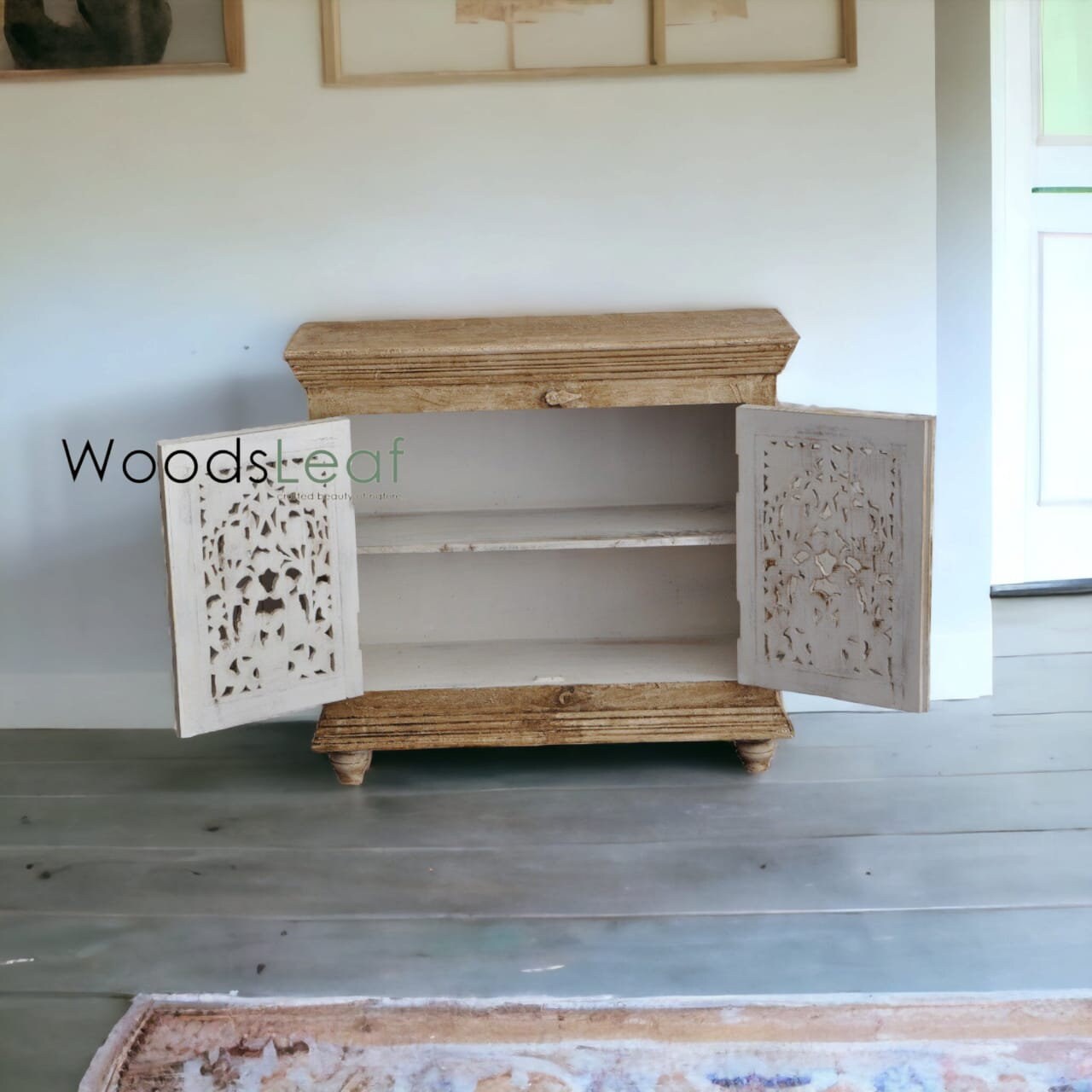 Buffet sculpté de fleur de main, unités de stockage d’armoire, finition naturelle indienne en bois massif, meubles de chambre à coucher de salon, buffet sculpté