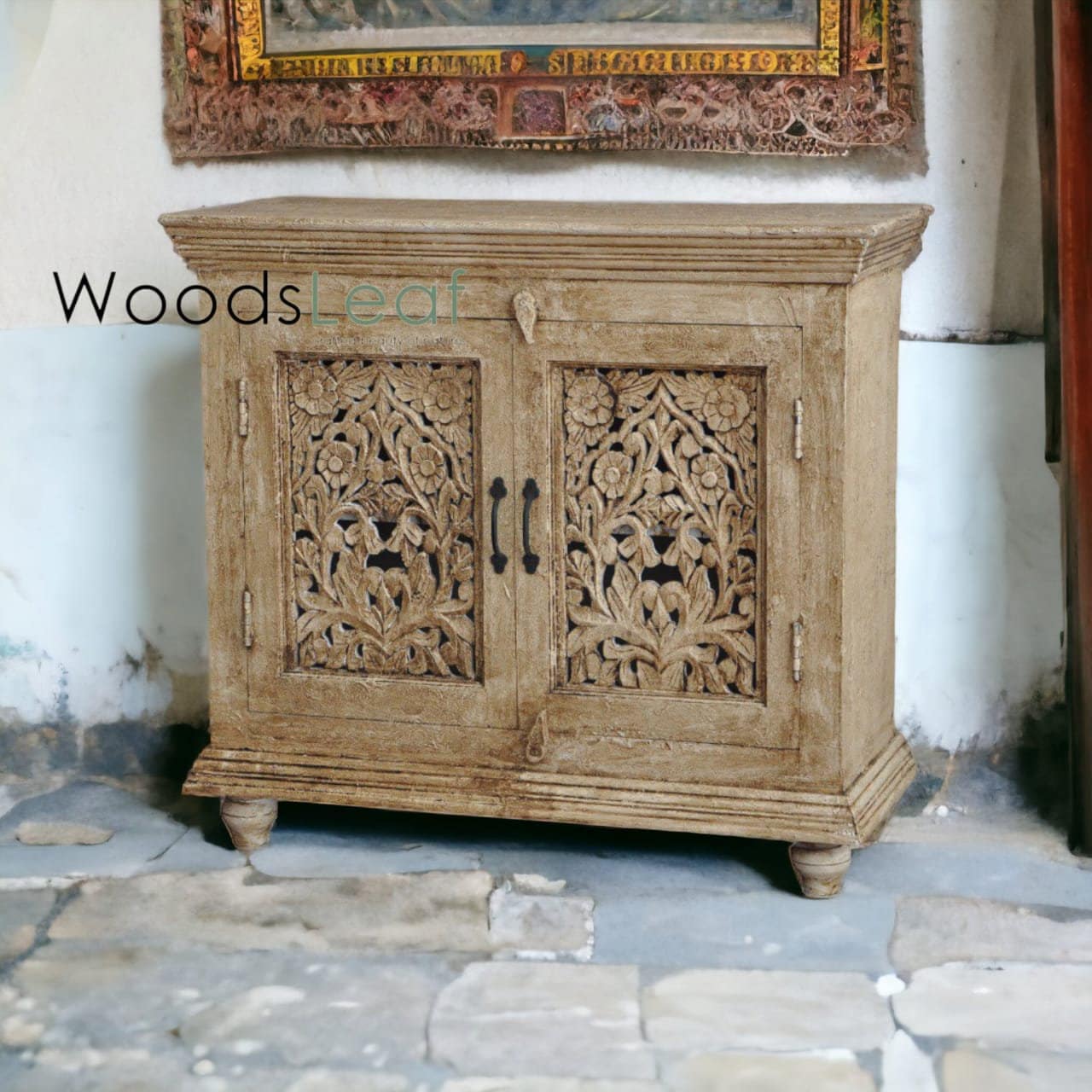 Buffet sculpté de fleur de main, unités de stockage d’armoire, finition naturelle indienne en bois massif, meubles de chambre à coucher de salon, buffet sculpté
