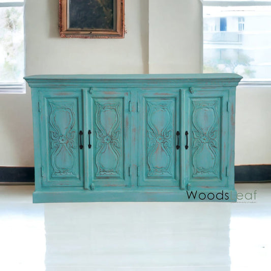 Buffet sculpté à la main, unités de rangement d’armoire, finition en détresse bleue en bois massif indien, meubles de chambre à coucher de salon, buffet sculpté à la main