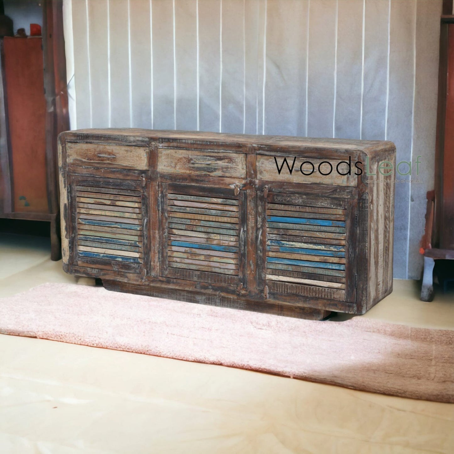 Finition vieillie en bois massif indien, buffet sculpté à la main, unités de rangement d’armoire, meubles de chambre à coucher de salon, buffet sculpté à la main