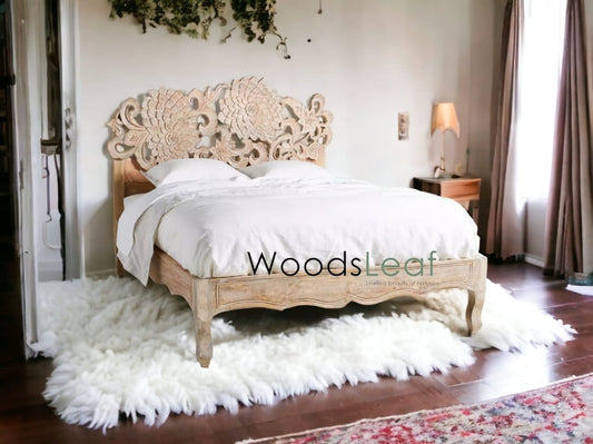 Lit en bois massif sculpté à la main | Lit de sculpture de conception de fleurs | Tête de lit en bois massif, meubles sculptés | Tête de lit sculptée | Lit de taille personnalisée
